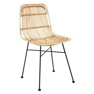 Wicker chair with black metal legs on a white background