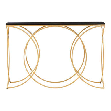 Black Marble Top Console Table with Curved Gold Finish Metal Frame, Kia