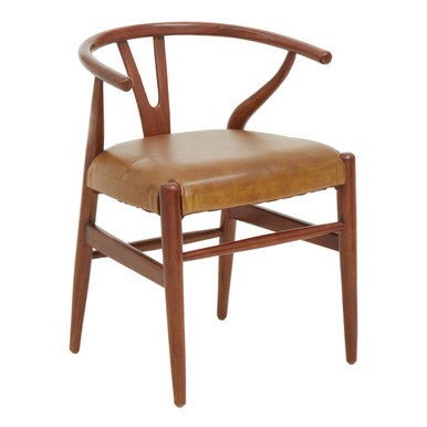 Brown wooden chair with a tan leather seat on a white background