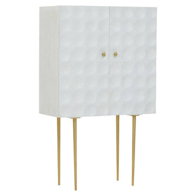 White cabinet with gold legs on a white background