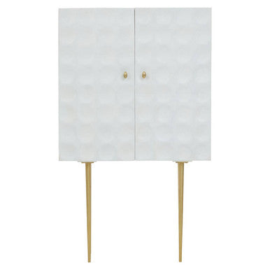 White cabinet with gold legs and handles on a white background