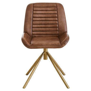 Brown leather chair with gold metal legs on a white background