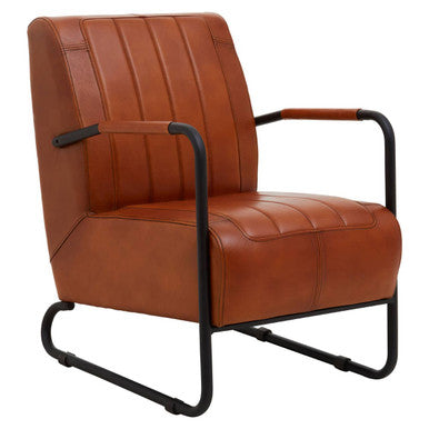 Brown leather armchair with black metal frame on a white background