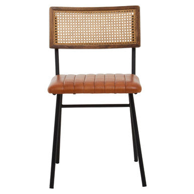Chair with woven backrest and brown leather seat on a white background