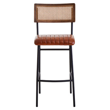 Bar stool with wicker backrest and leather seat on a white background