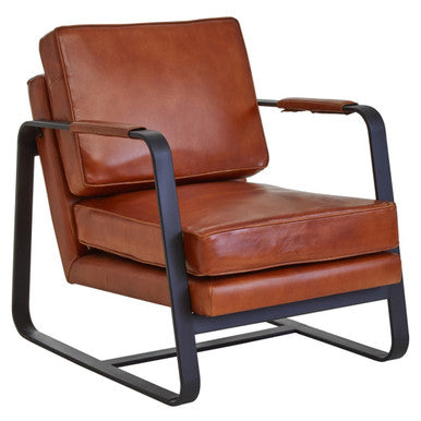 Brown leather armchair with black metal frame on a white background