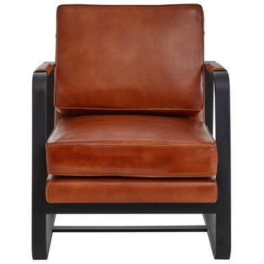 Brown leather armchair with black frame on a white background