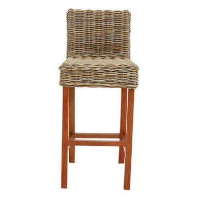 Bar stool with wicker seat and wooden frame on a white background