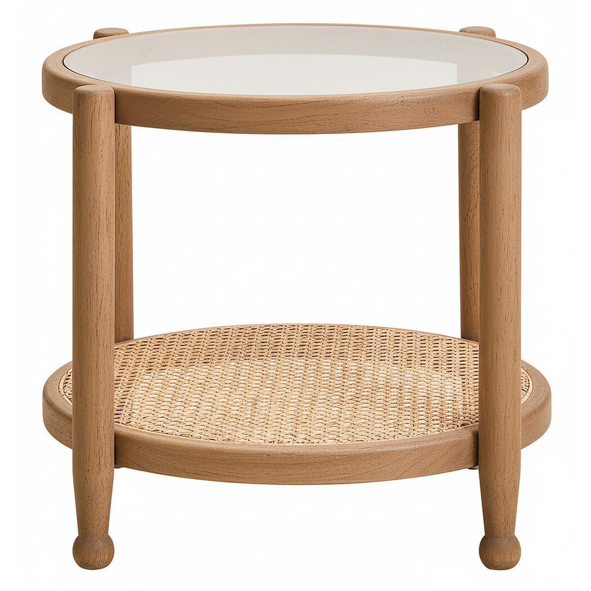 Round wooden side table with glass top and wicker shelf on a white background