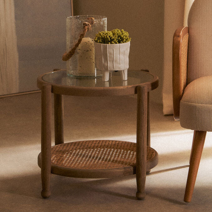 Cebu Natural Cane and Grey Wash Elm Wood Side Table - Image 1