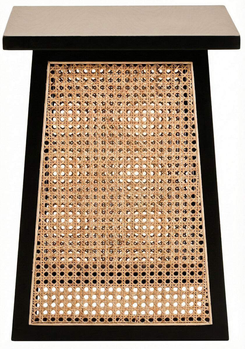 Small table with a woven design on the base and a plain top.