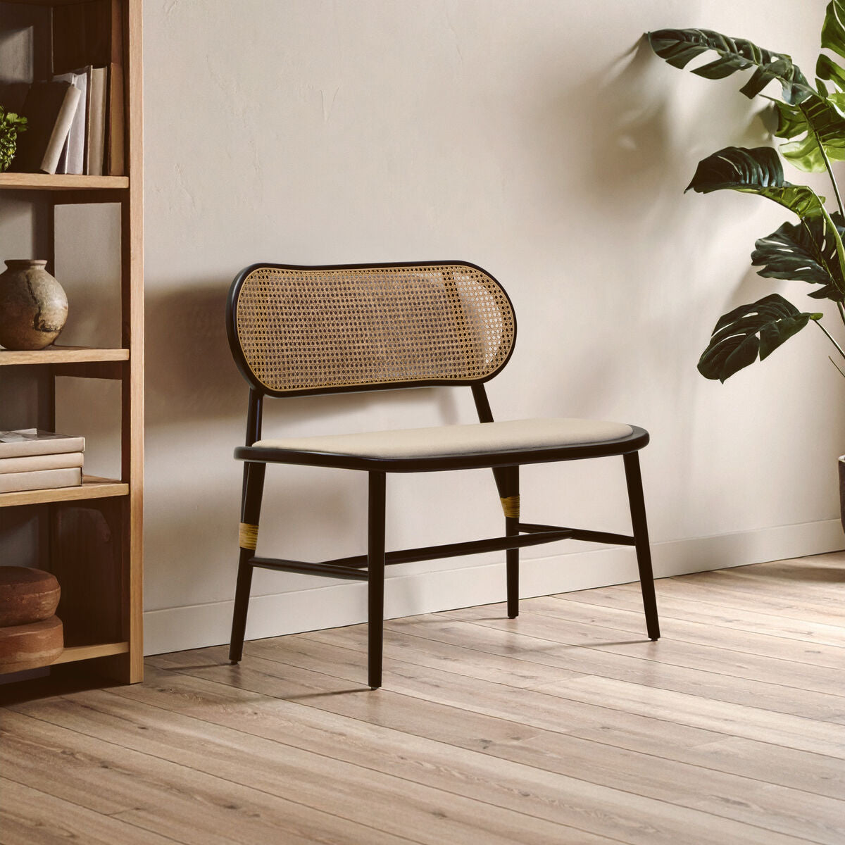 Cebu Natural Cane Bench with Black Elm Wood Frame - Image 1