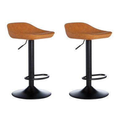 Two brown bar stools with black metal bases on a white background