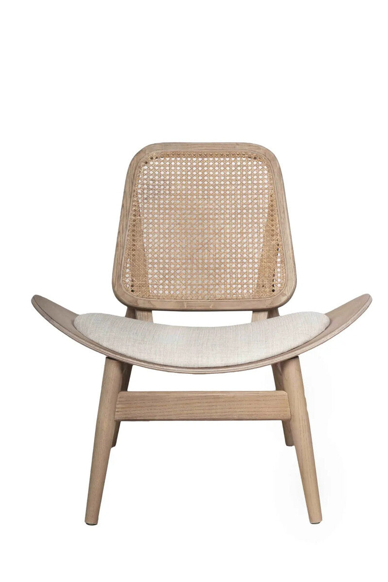Beige Fabric Cane Back Chair with Washed Elm Wood | Vinsi