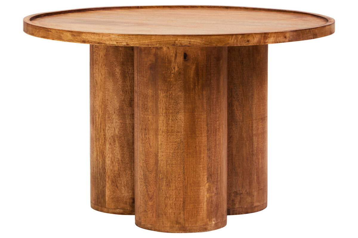 Round wooden table with a white background