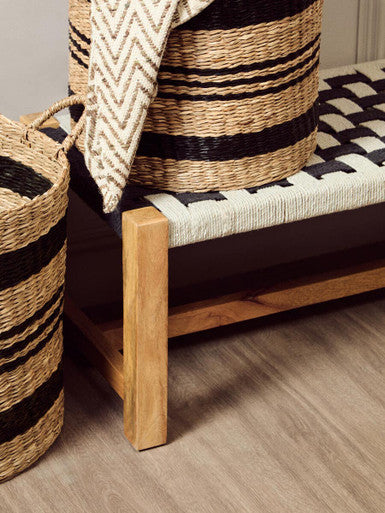 Satna Jute Black And White Design Mango Wood Frame Bench