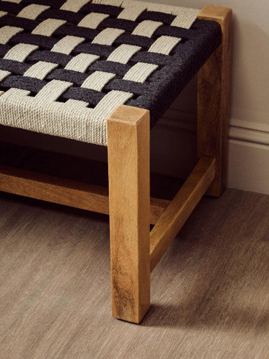 Satna Jute Black And White Design Mango Wood Frame Bench