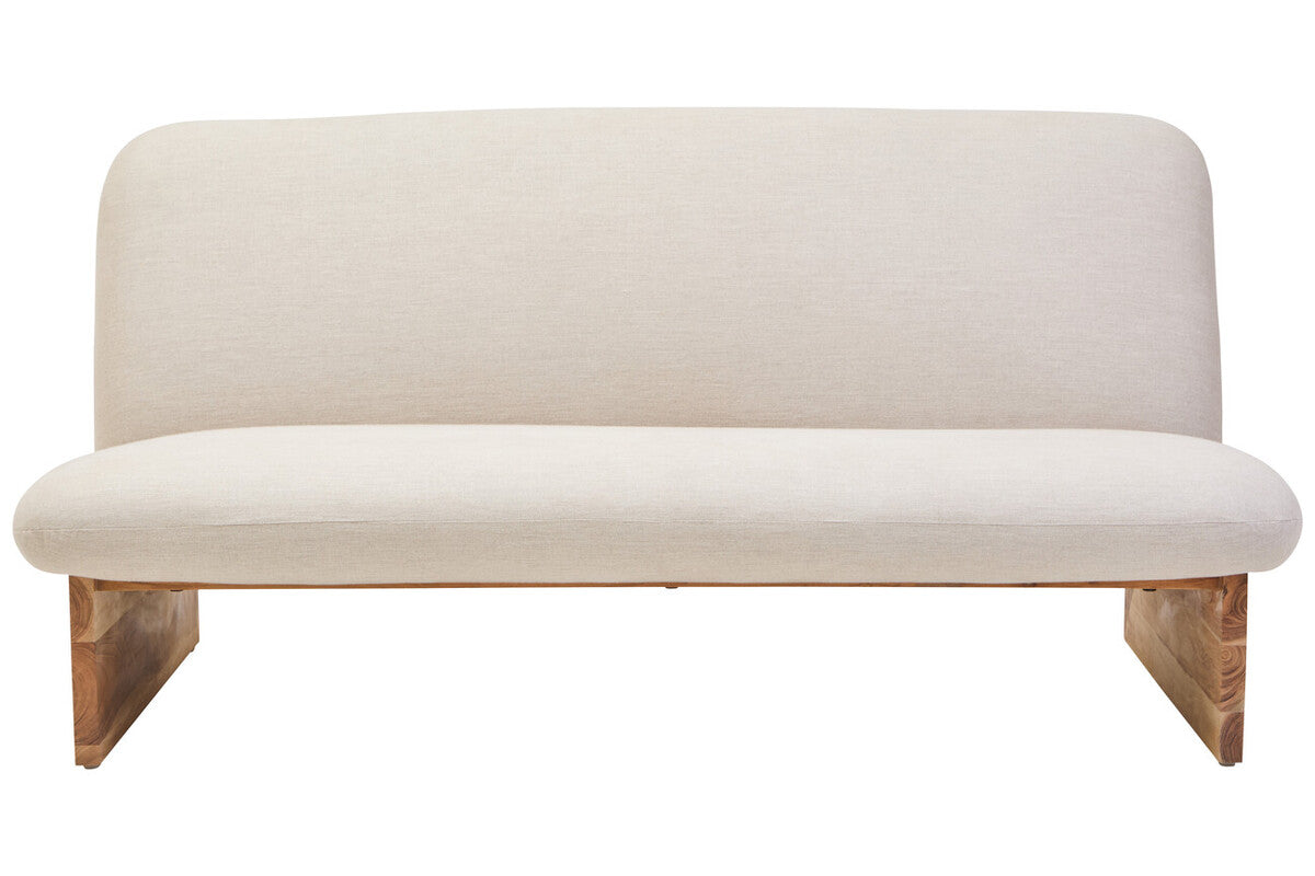 Beige sofa with wooden legs on a white background