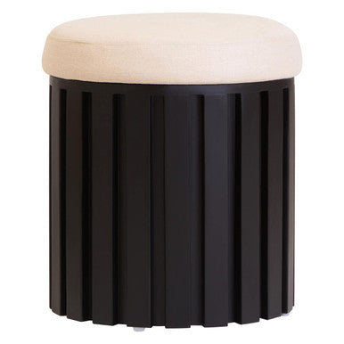 Black ribbed stool with a beige cushion on a white background