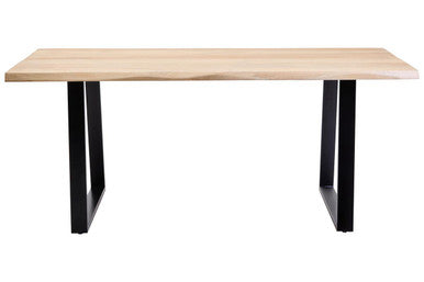 Wooden table with black metal legs on a white background