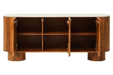 Torcino Mango Wood Carved Design Marble Top Three Door Sideboard - Image 1