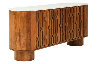 Torcino Mango Wood Carved Design Marble Top Three Door Sideboard - Image 2