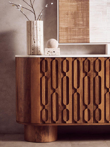 Torcino Mango Wood Carved Design Marble Top Three Door Sideboard - Image 7