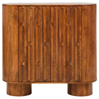 Wooden side table with a decorative pattern on a white background