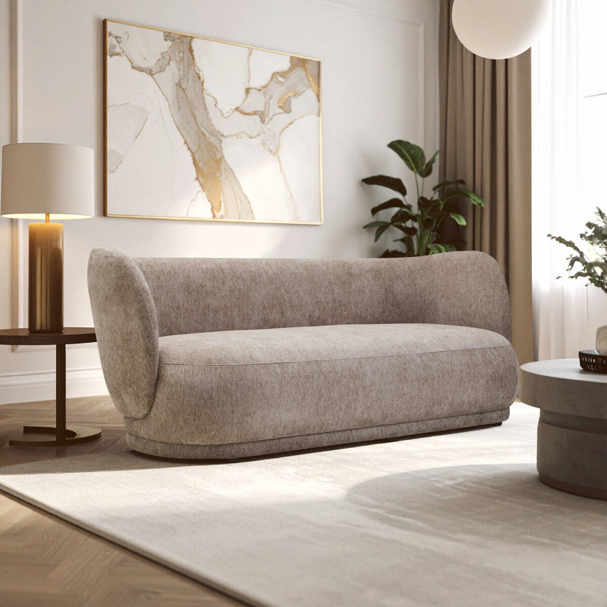 3 Seater Deep Stone Chenille Curved Sofa, Delray - Image 1