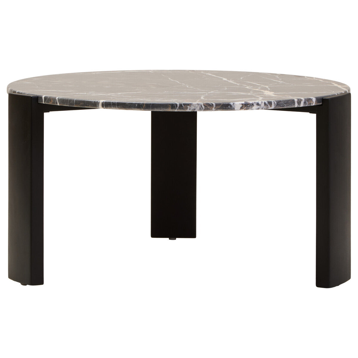 Round marble table with black legs on a white background