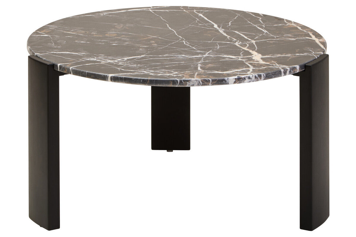 Round marble table with black legs on a white background