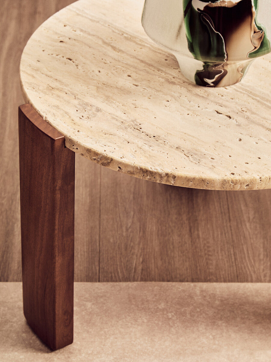 Palermo Natural Wood With Travertine Top Small Round Marble Coffee Table