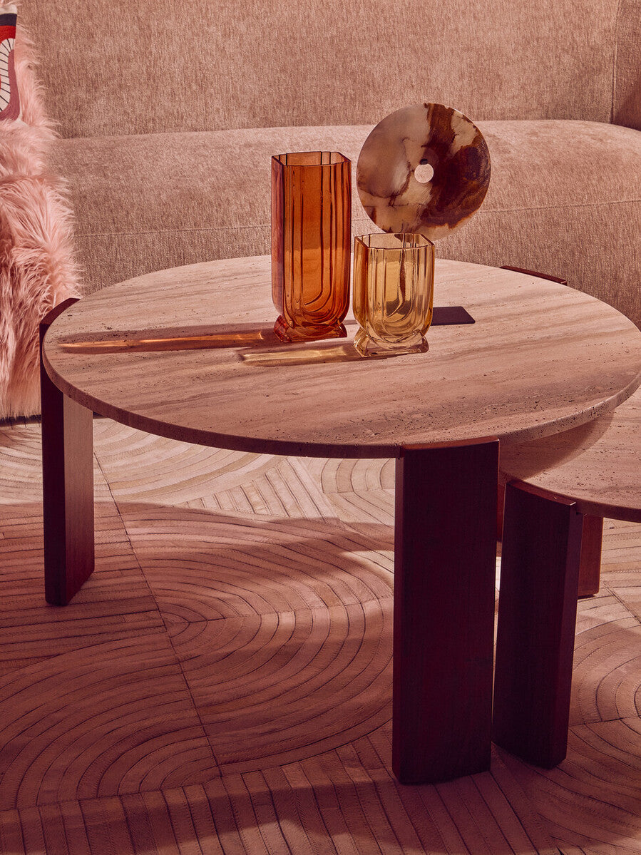 Palermo Natural Wood With Travertine Top Small Round Marble Coffee Table