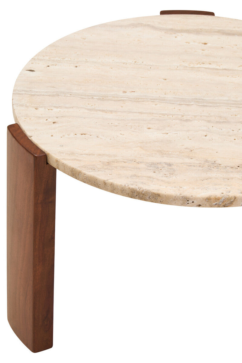 Palermo Natural Wood With Travertine Top Small Round Marble Coffee Table
