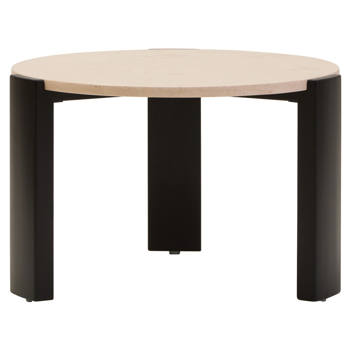 Round table with beige top and black legs on a white background