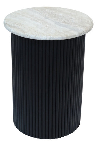 Walton Travertine Top Side Table with Black Acacia Wood Base - Image 2