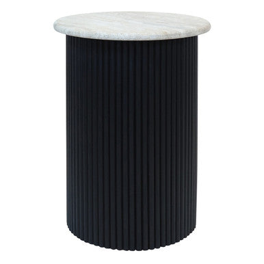 Walton Travertine Top Side Table with Black Acacia Wood Base - Image 1