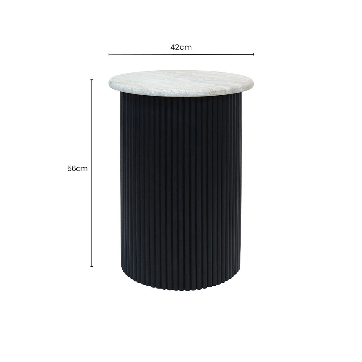 Cream Polished Travertine Top Side Table with Ridged Black Acacia Wood Cylindrical Base, Walton