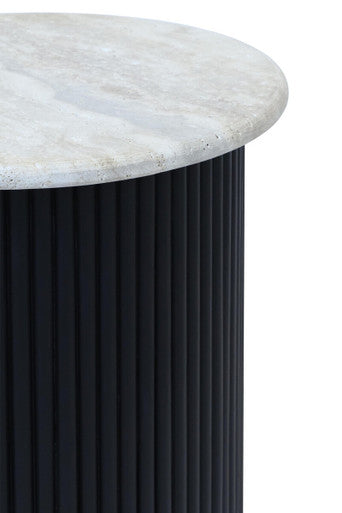 Walton Travertine Top Side Table with Black Acacia Wood Base