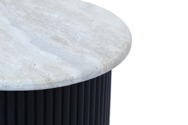 Walton Travertine Top Side Table with Black Acacia Wood Base - Image 3