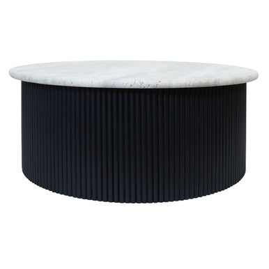 Round coffee table with marble top and black ribbed base on a white background