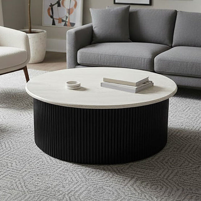 Walton Travertine Top Coffee Table with Black Acacia Wood Base - Image 1