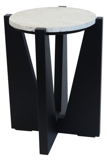 Winton Travertine Top Side Table With Black Acacia Wood Frame - Image 2