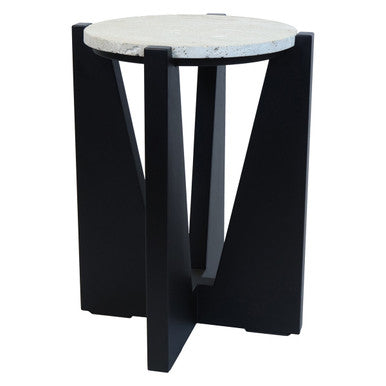 Winton Travertine Top Side Table With Black Acacia Wood Frame - Image 1