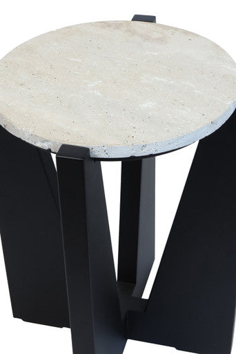 Winton Travertine Top Side Table With Black Acacia Wood Frame