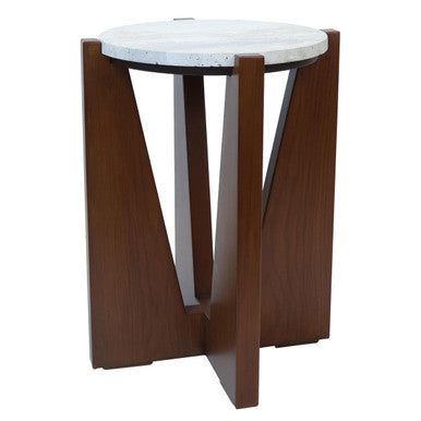 Winton Travertine Top Side Table With Acacia Wood Frame - Image 2
