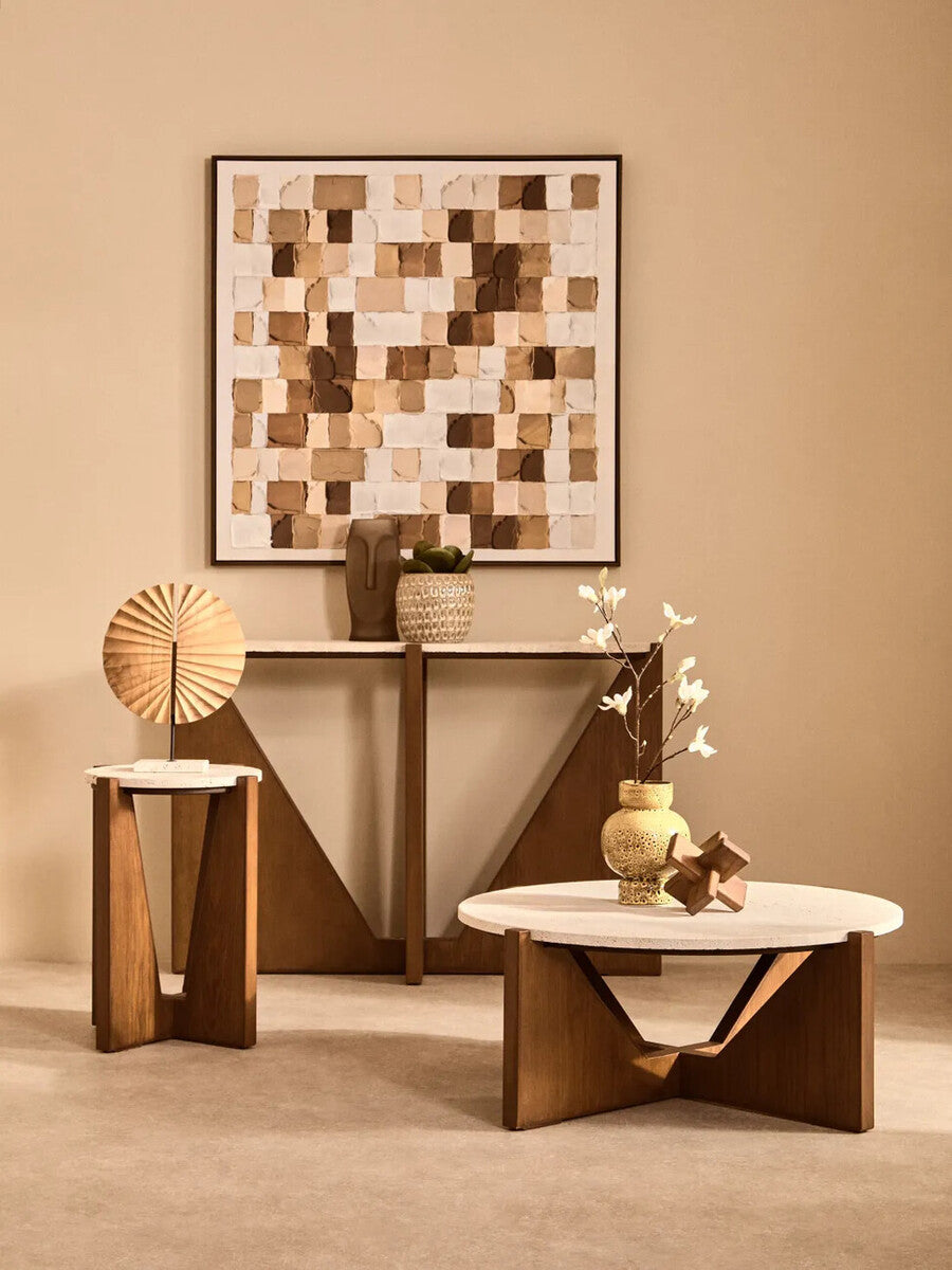 Cream Travertine Top Side Table with Brown Acacia Wood Geometric Frame | Winton