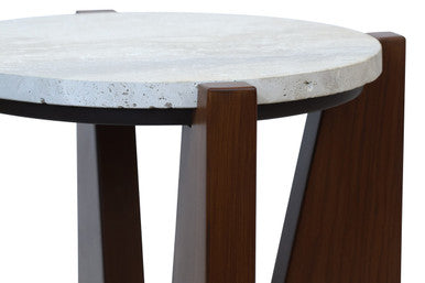 Winton Travertine Top Side Table With Acacia Wood Frame