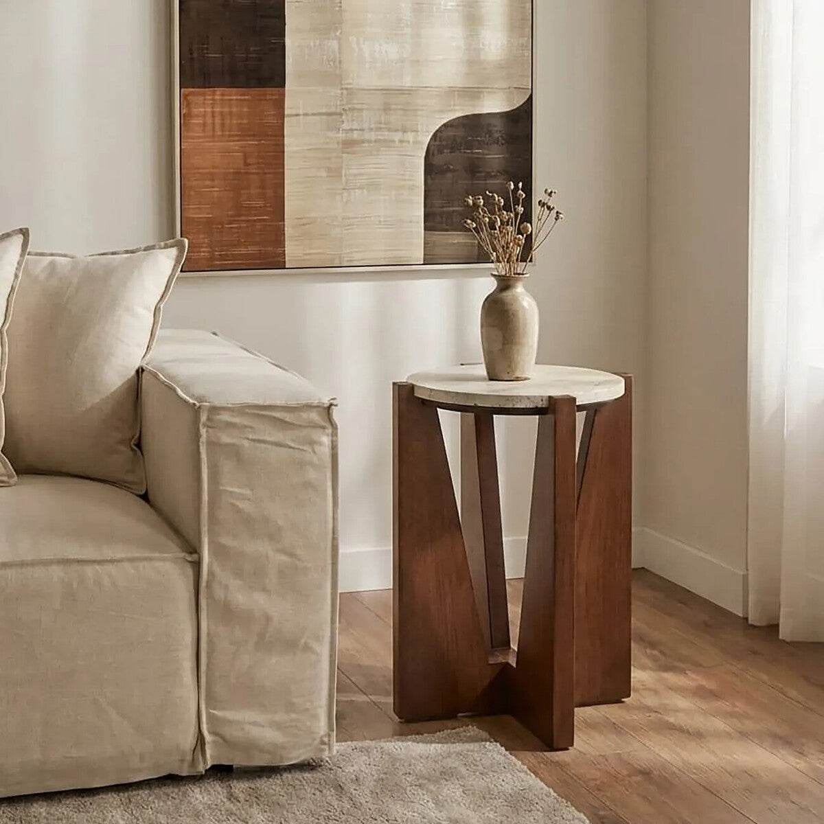 Cream Travertine Top Side Table with Brown Acacia Wood Geometric Frame | Winton