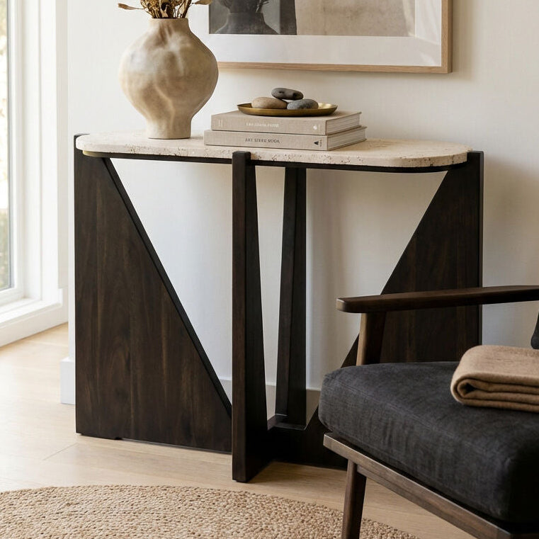 Winton Travertine Top Console Table With Black Acacia Wood Frame - Image 1